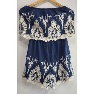 Alya Romper Womens Size M Blue White Lace Sequin Off Shoulder Boho